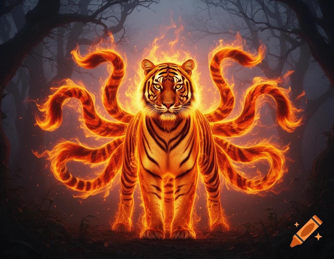 A majestic nine-tailed tiger engulfed in flames stands in a dark, misty forest.