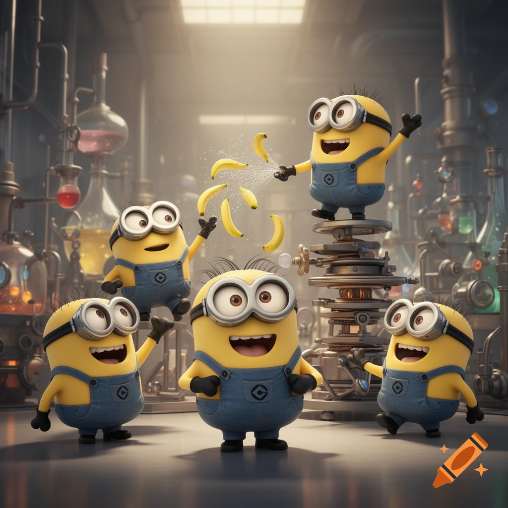 Five happy Minions play with bananas in a brightly lit science laboratory.