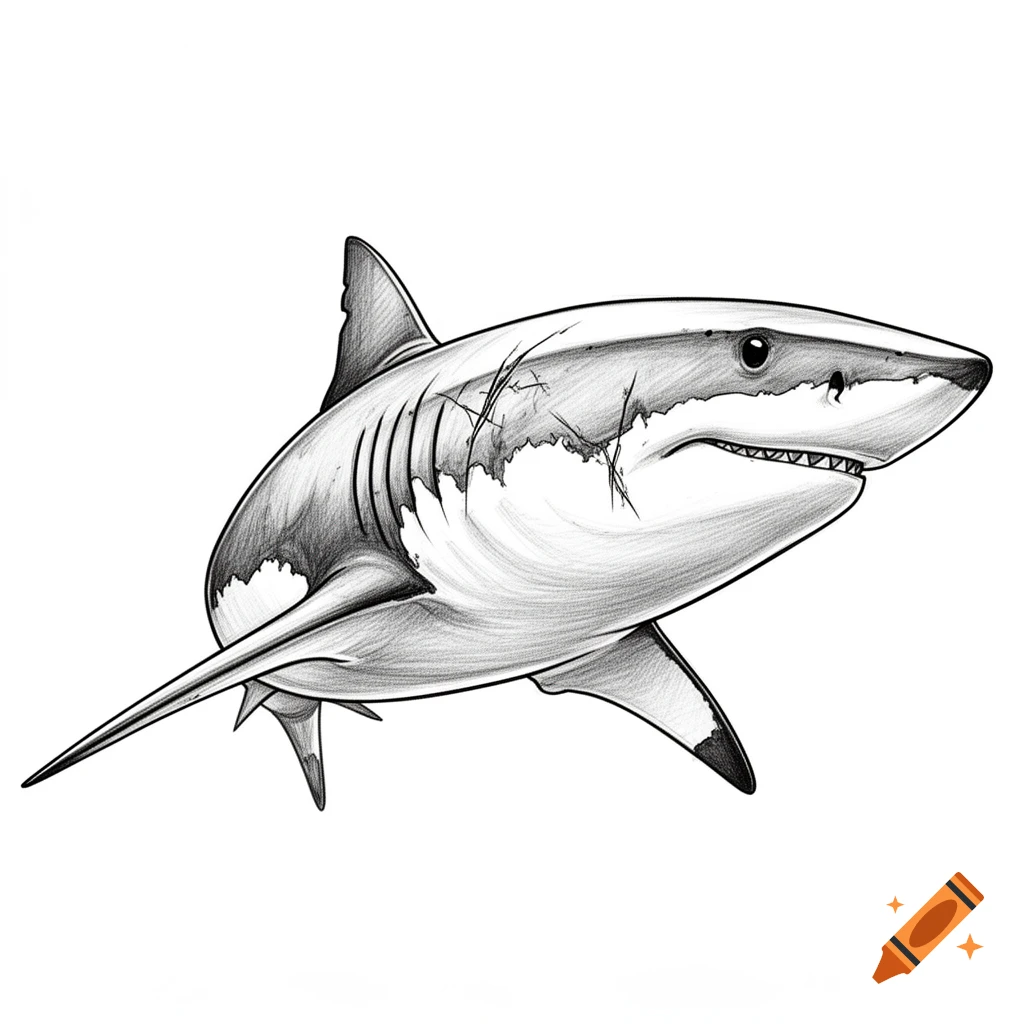 Black and white sketch of a shark with scars, in a coloring book style.