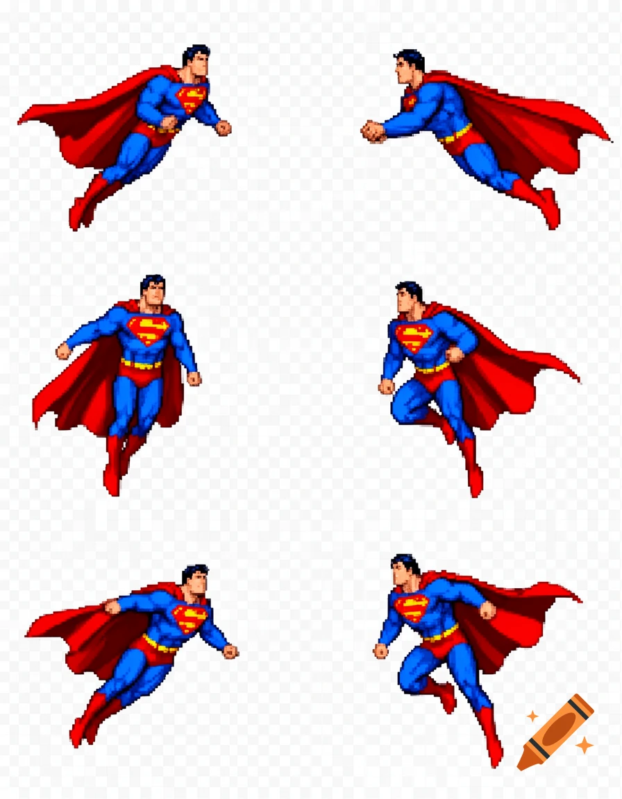 Six pixel art sprites of Superman flying in various directions, wearing his blue and red suit, against a transparent background.