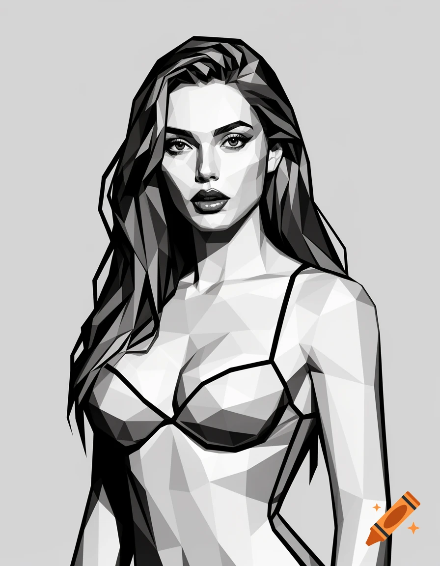 Black and white low-poly portrait of a woman with long hair in a bra.