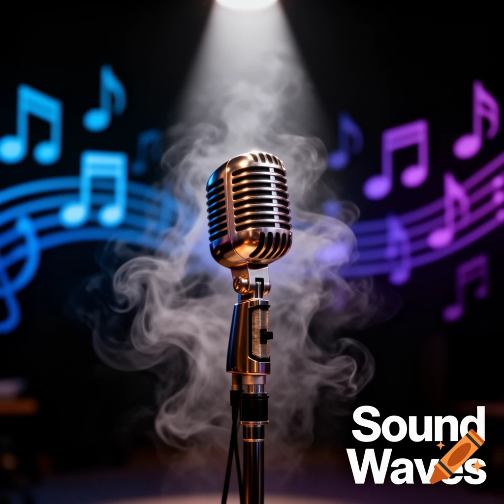 A vintage gold microphone stands on a stage bathed in a spotlight with smoke and glowing musical notes. The words 'Sound Waves' are in the corner.