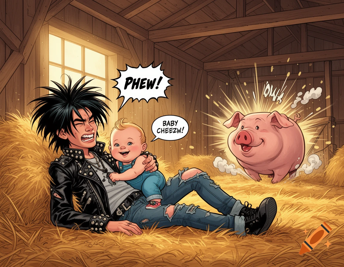 A punk-styled boy laughs in a hayloft, holding a smiling baby, while a glowing pig farts next to them in a comic book style.