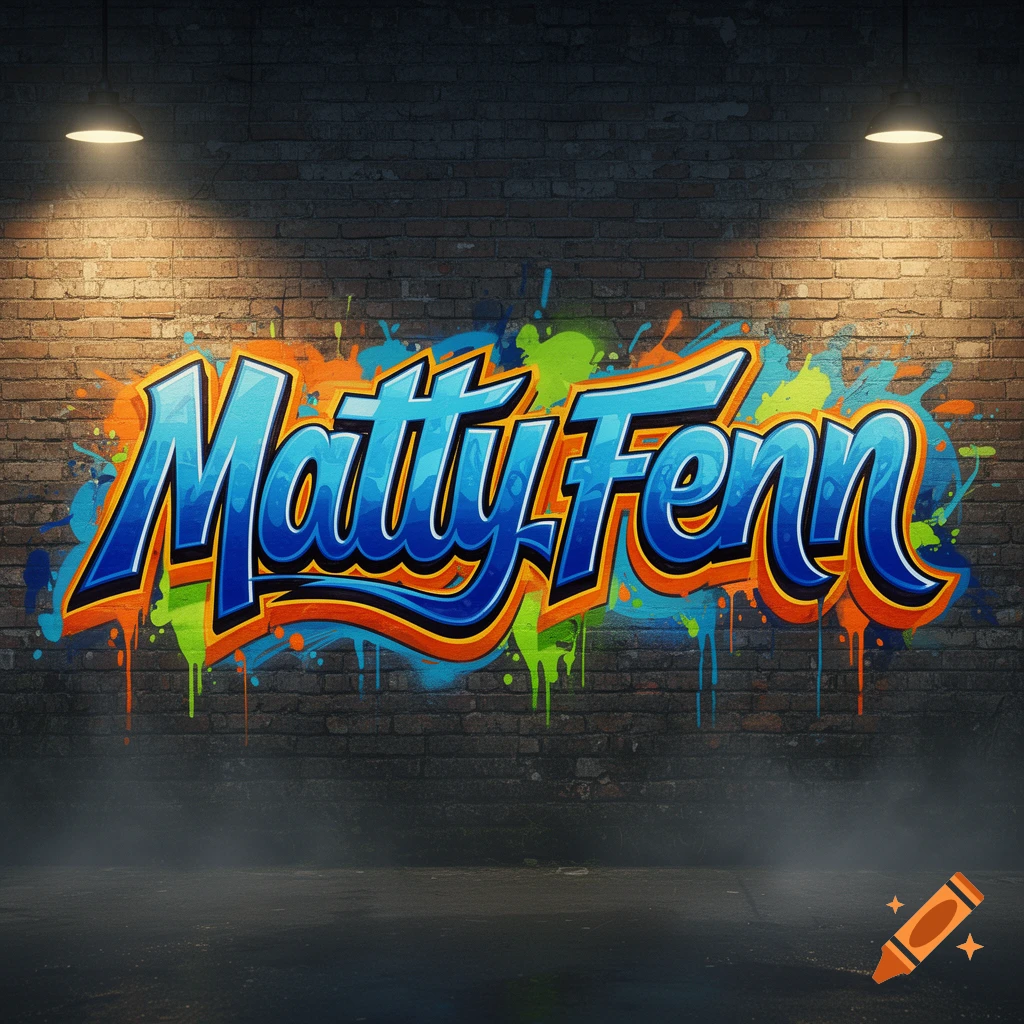 Colorful graffiti art spelling 'Matty Fenn' on a brick wall, lit by spotlights, with paint splatters and mist.