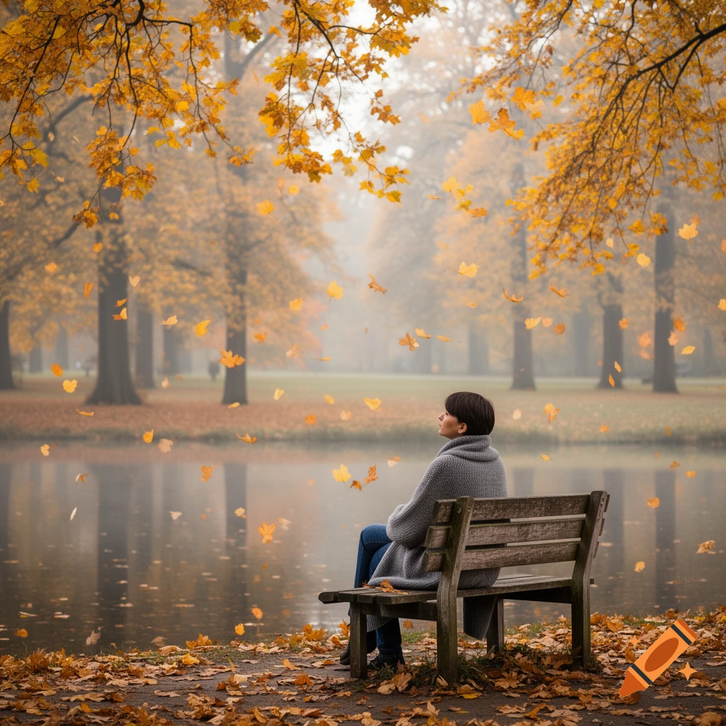 Person sits on a park bench by a reflective lake, surrounded by falling golden autumn leaves and trees.