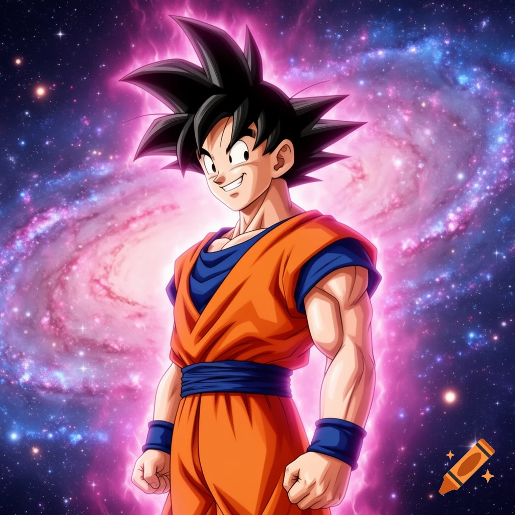 Goku from Dragon Ball Z, smiling and standing against a vibrant purple and blue galaxy background.