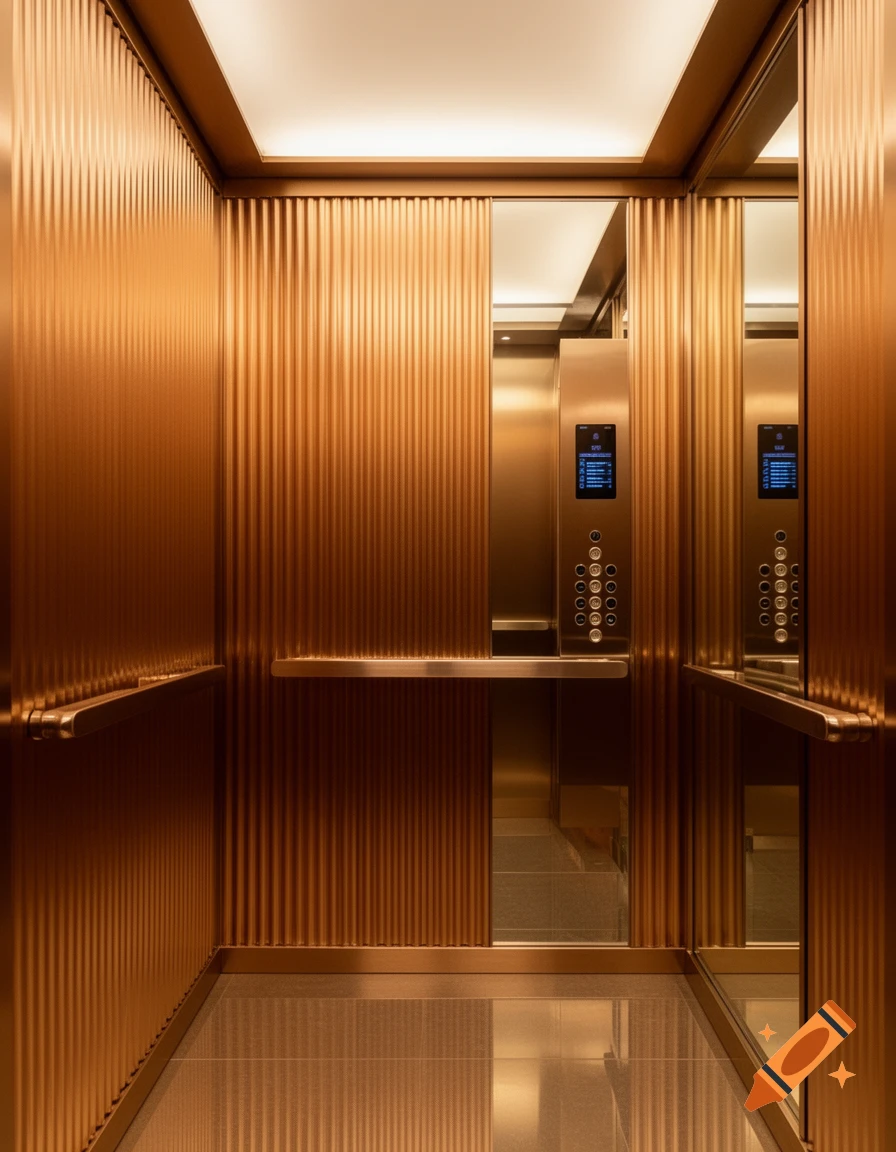 Modern elevator interior featuring warm-toned vertical corrugated aluminum panels, polished floor, and reflective surfaces.