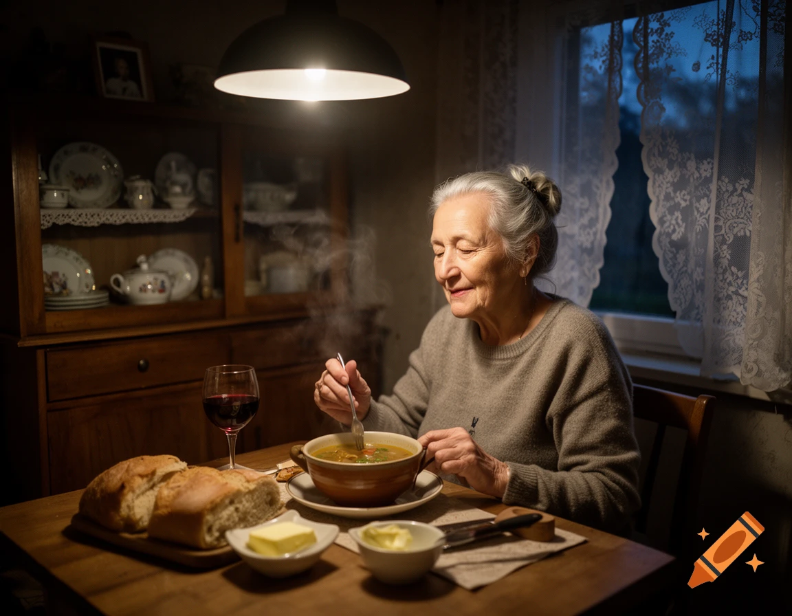 Elderly woman enjoying a steaming bowl of soup and bread with wine at a dimly lit dining table.