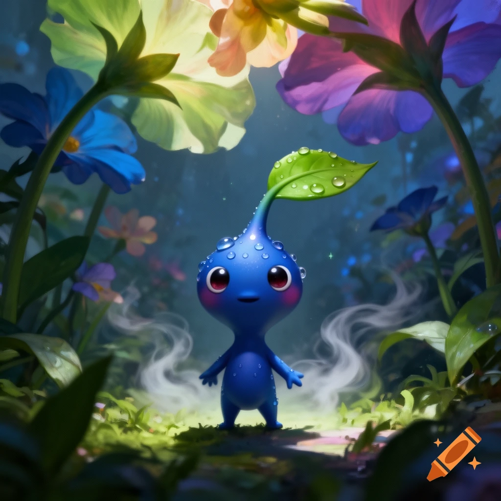 A cute blue Pikmin covered in water droplets with a green leaf sprout stands on a forest floor amidst glowing, colorful oversized flowers.