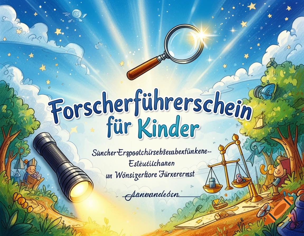 Colorful illustration of a children's researcher's license with a magnifying glass, flashlight, and a balancing scale under a sunny, cloudy sky.