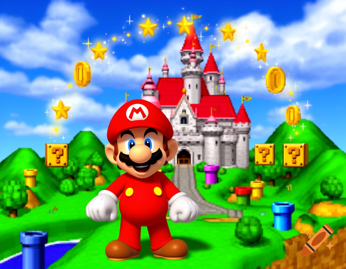 Super Mario stands in a vibrant fantasy landscape with Peach's Castle, floating coins, stars, and question mark blocks under a blue sky.