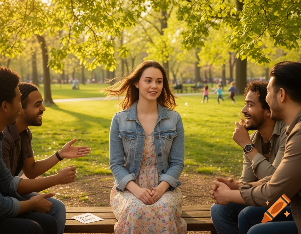 A young woman in a denim jacket and floral dress sits on a park bench surrounded by four smiling men, with children playing in the sunny background.