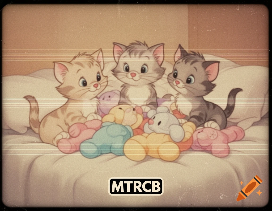 Three cartoon kittens sit on a bed surrounded by plush toys, in a vintage 90s VHS style with tracking errors.