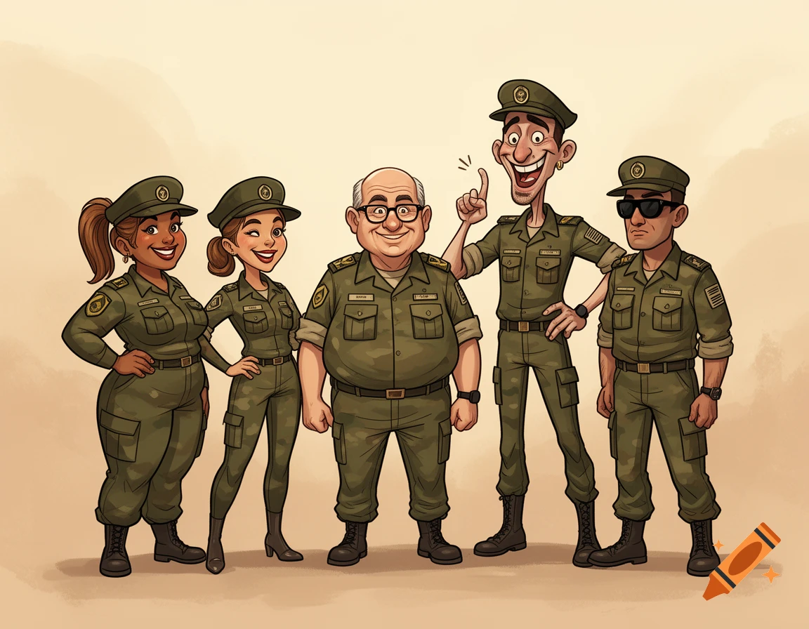 A cartoon of five diverse military personnel in green uniforms: a stout male boss, two smiling females, a tall goofy man, and a serious man in sunglasses.