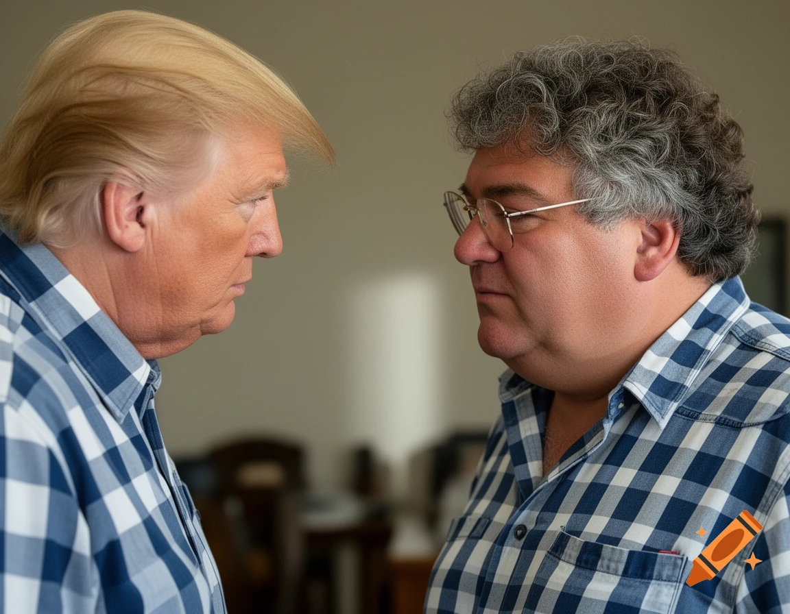 Photorealistic side-profile portrait of two men in blue and white plaid shirts looking at each other.