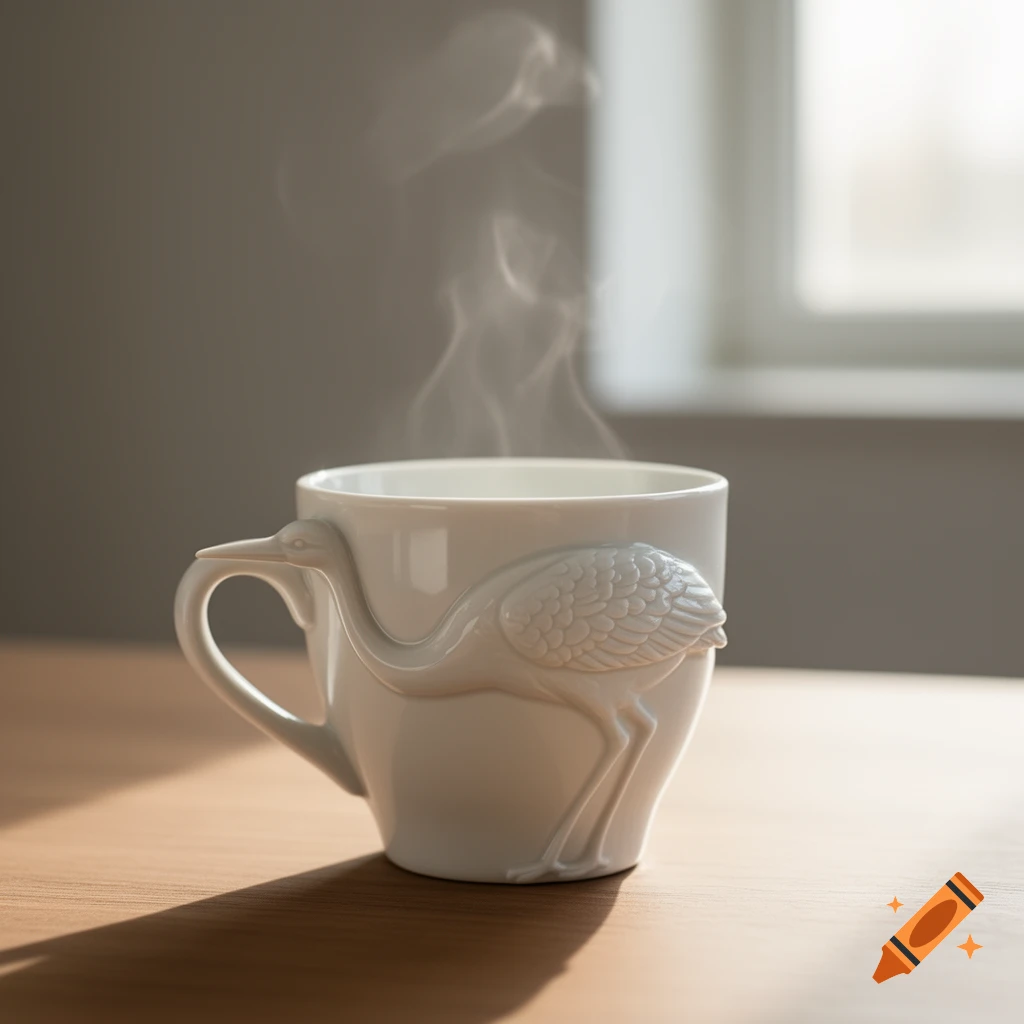 A white ceramic mug with a raised stork design along its side, with steam rising from it, sits on a wooden table. A window is in the soft-focus background.