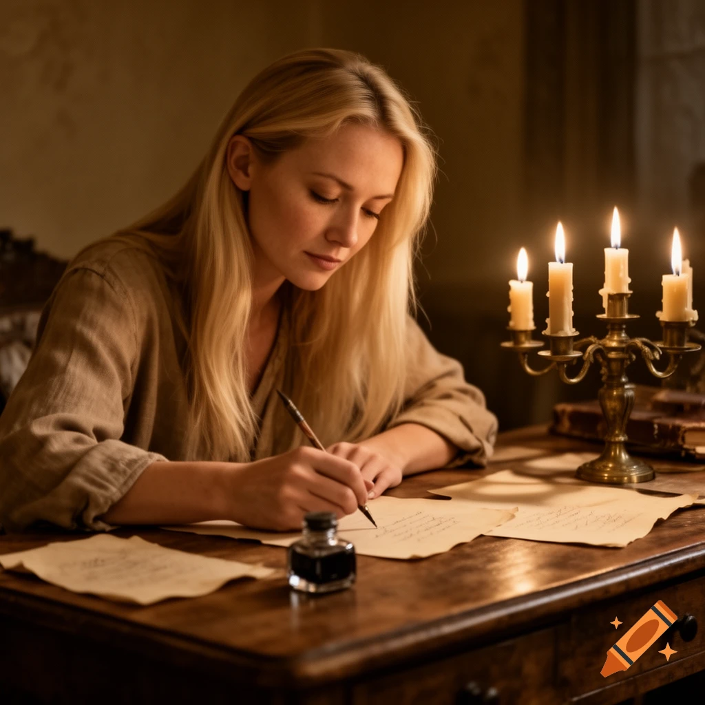 A blonde woman in a linen shirt writes with a quill pen on aged paper at a wooden desk, illuminated by a candelabra.