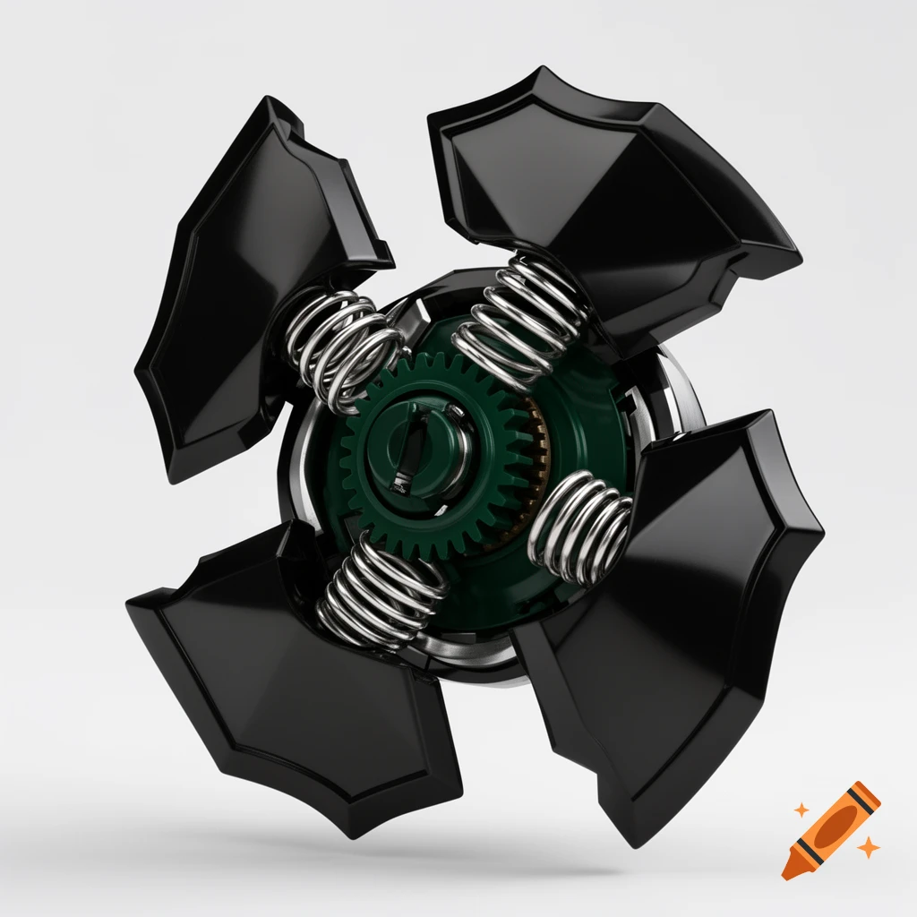 Photorealistic 3D render of a futuristic black and dark green battle top toy blade with silver springs.