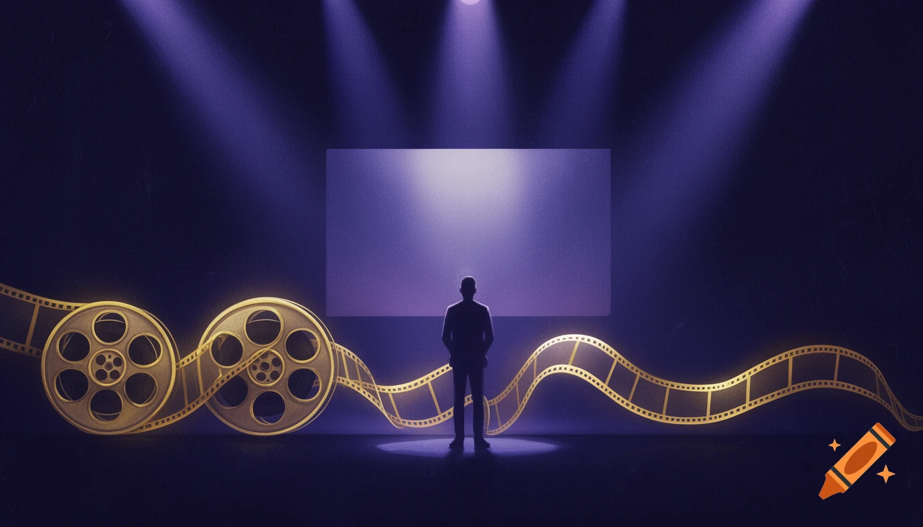 A silhouette of a person standing before a glowing screen with spotlights, surrounded by golden film reels and a wavy film strip in a cinematic abstract style.
