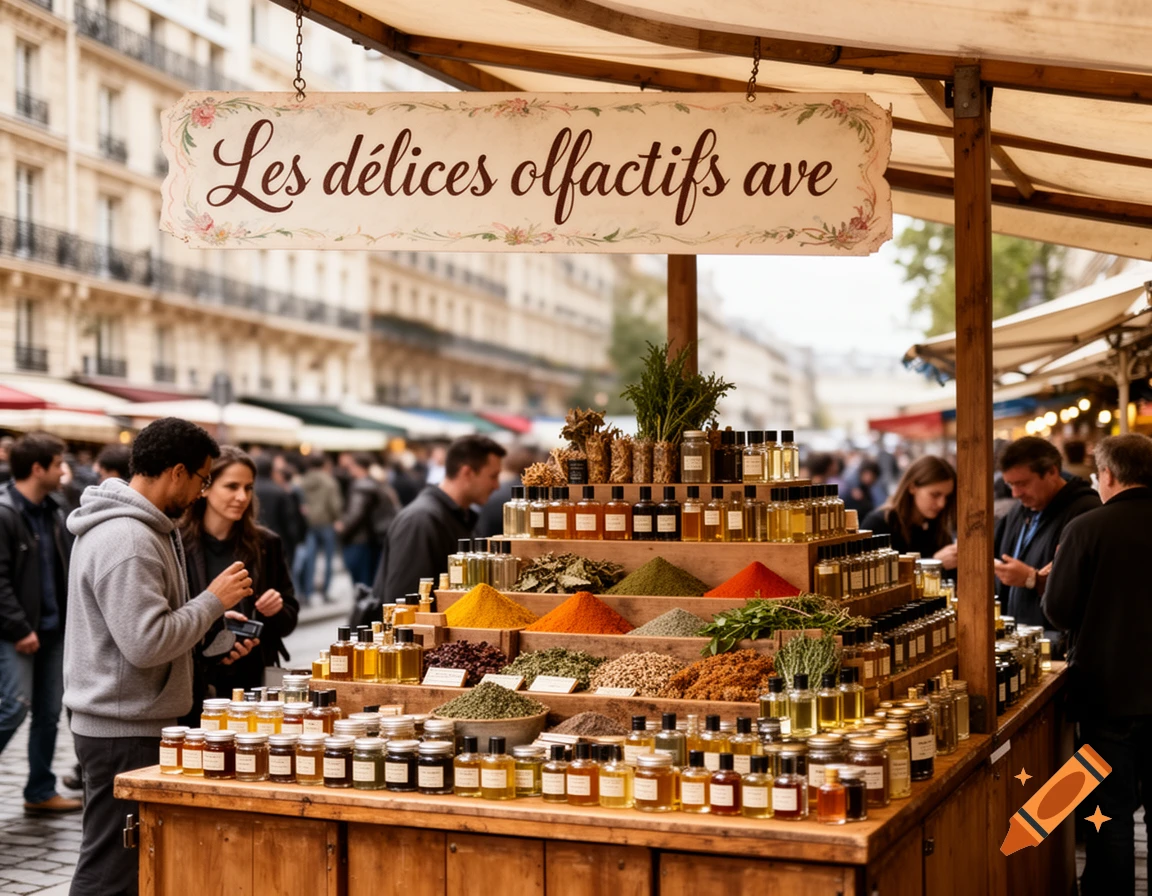 A bustling outdoor market stall in a European city, filled with colorful spices, herbs, and bottled oils under a sign reading "Les délices olfactifs ave".