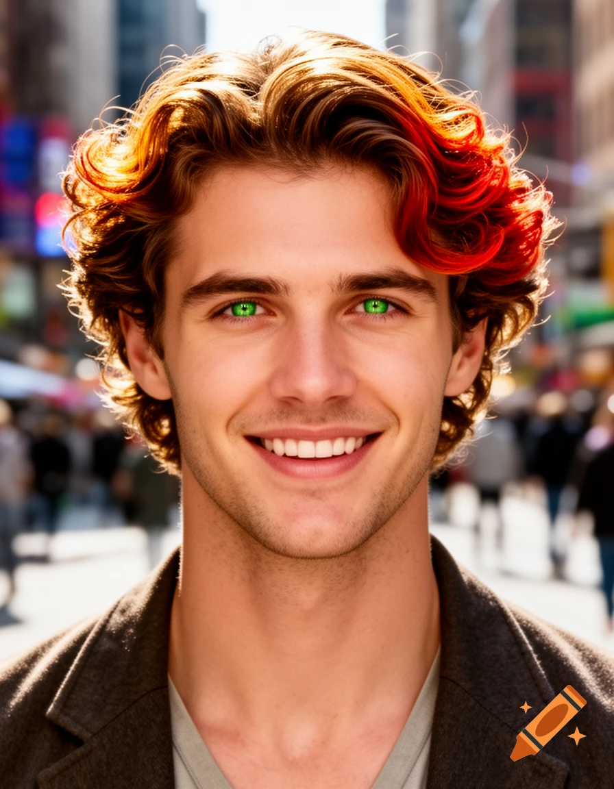 Photorealistic portrait of a smiling young man with wavy brown hair featuring red and gold highlights, and vibrant green eyes.