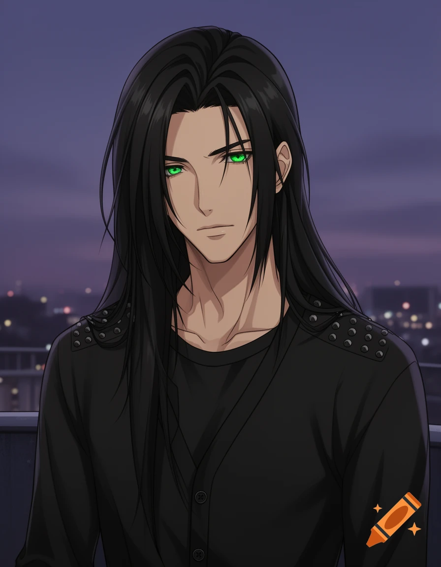 Anime man with long black hair, green eyes, and a black studded cardigan, overlooking a city at night.