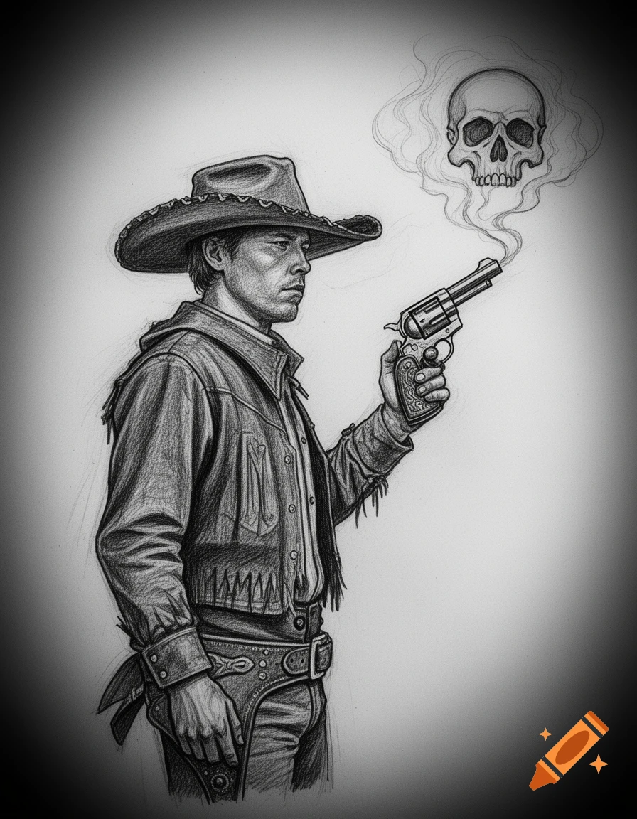 Black and white sketch of a cowboy in a hat holding a smoking revolver, with the smoke forming a skull.