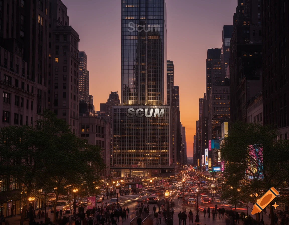 A wide view of a bustling city street at dusk with skyscrapers, one prominently displaying "SCUM", and blurred car lights below.