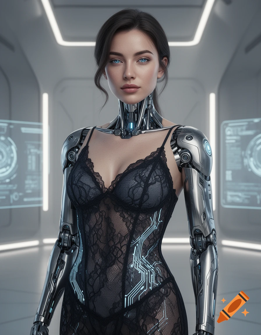 A photorealistic cyborg woman with blue eyes, dressed in a sheer black lace lingerie dress with glowing blue circuitry, stands in a futuristic white room.
