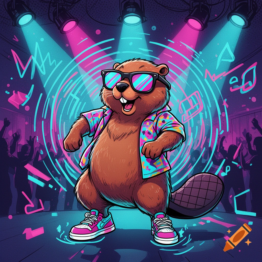 A cartoon beaver wearing sunglasses and a colorful shirt dances energetically in a neon-lit club with a crowd in the background.