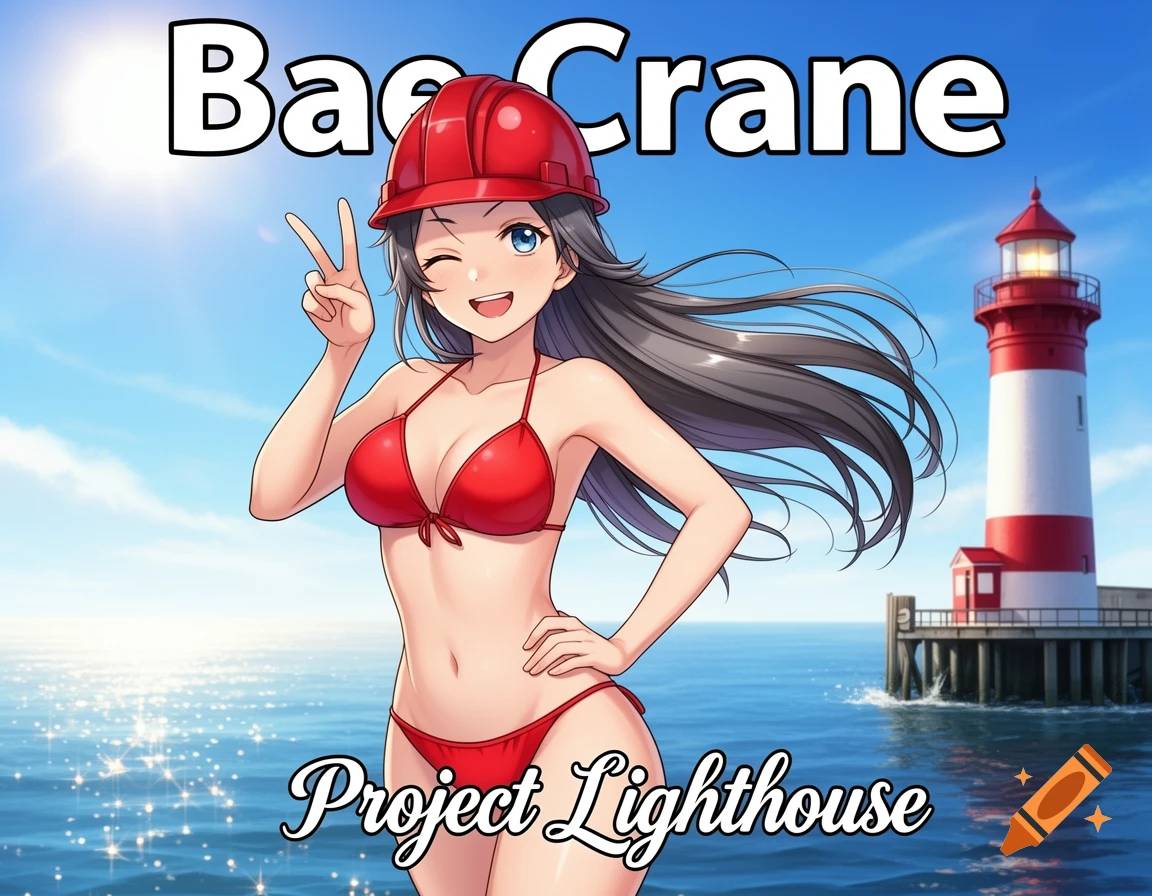 Anime woman in a red bikini and hard hat winks and makes a peace sign by a lighthouse on a sunny beach.