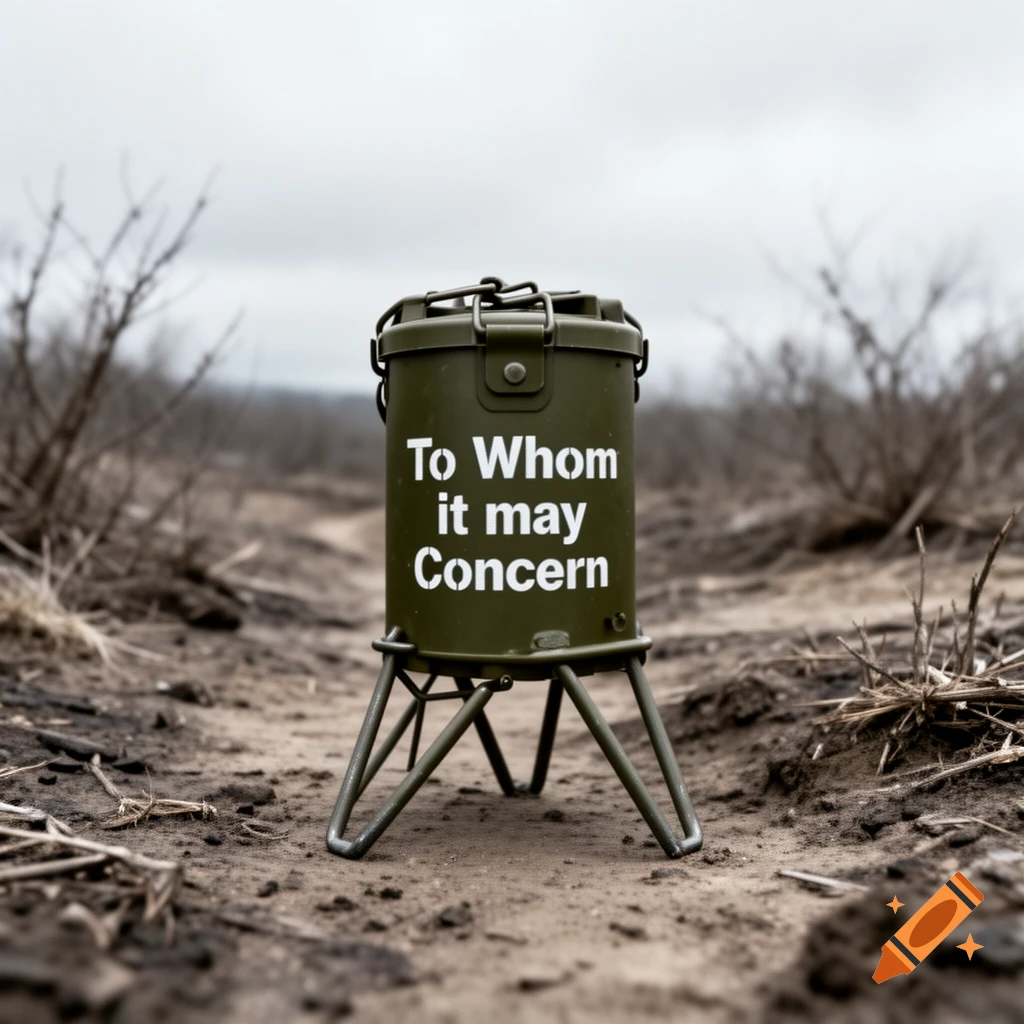 Photorealistic image of an olive green mine-like canister with "To Whom it may Concern" text on a dirt path.