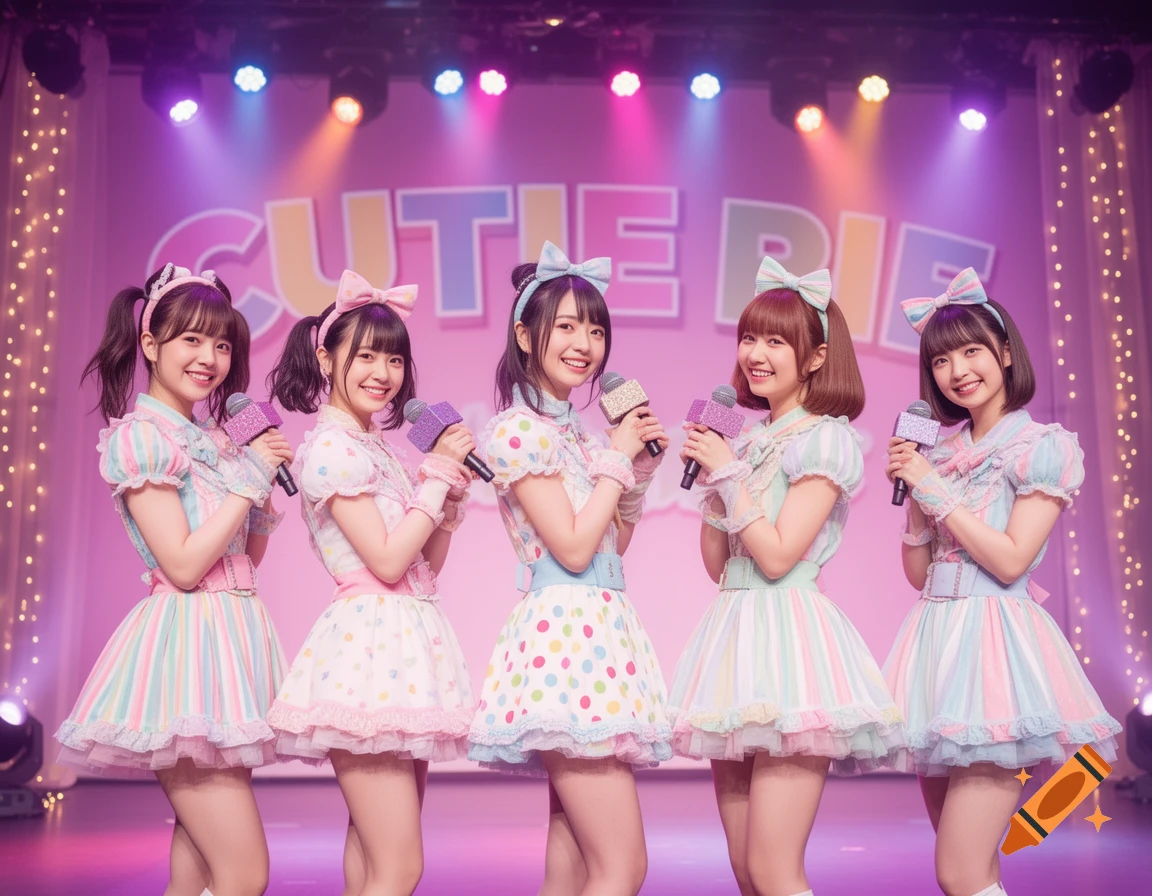 Five smiling women of a girl group on stage, wearing colorful pastel dresses and bows, holding microphones under a "CUTIE PIE" sign.