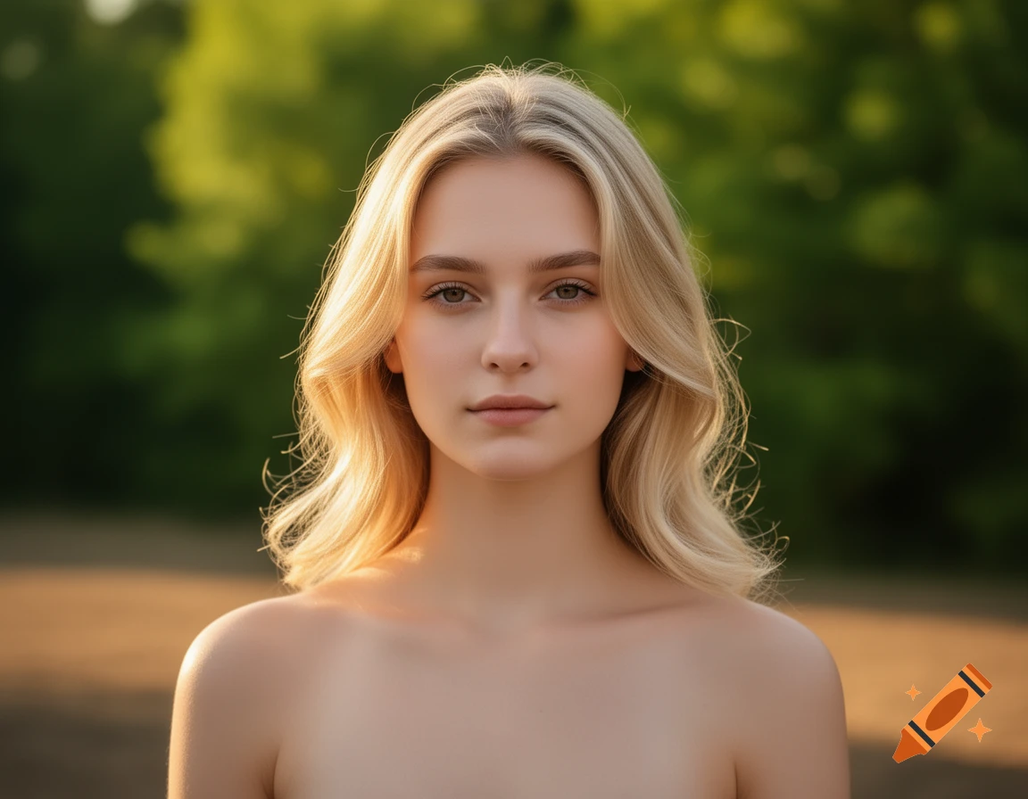 Photorealistic portrait of a young blonde woman with bare shoulders looking at the viewer, blurred green and brown background.
