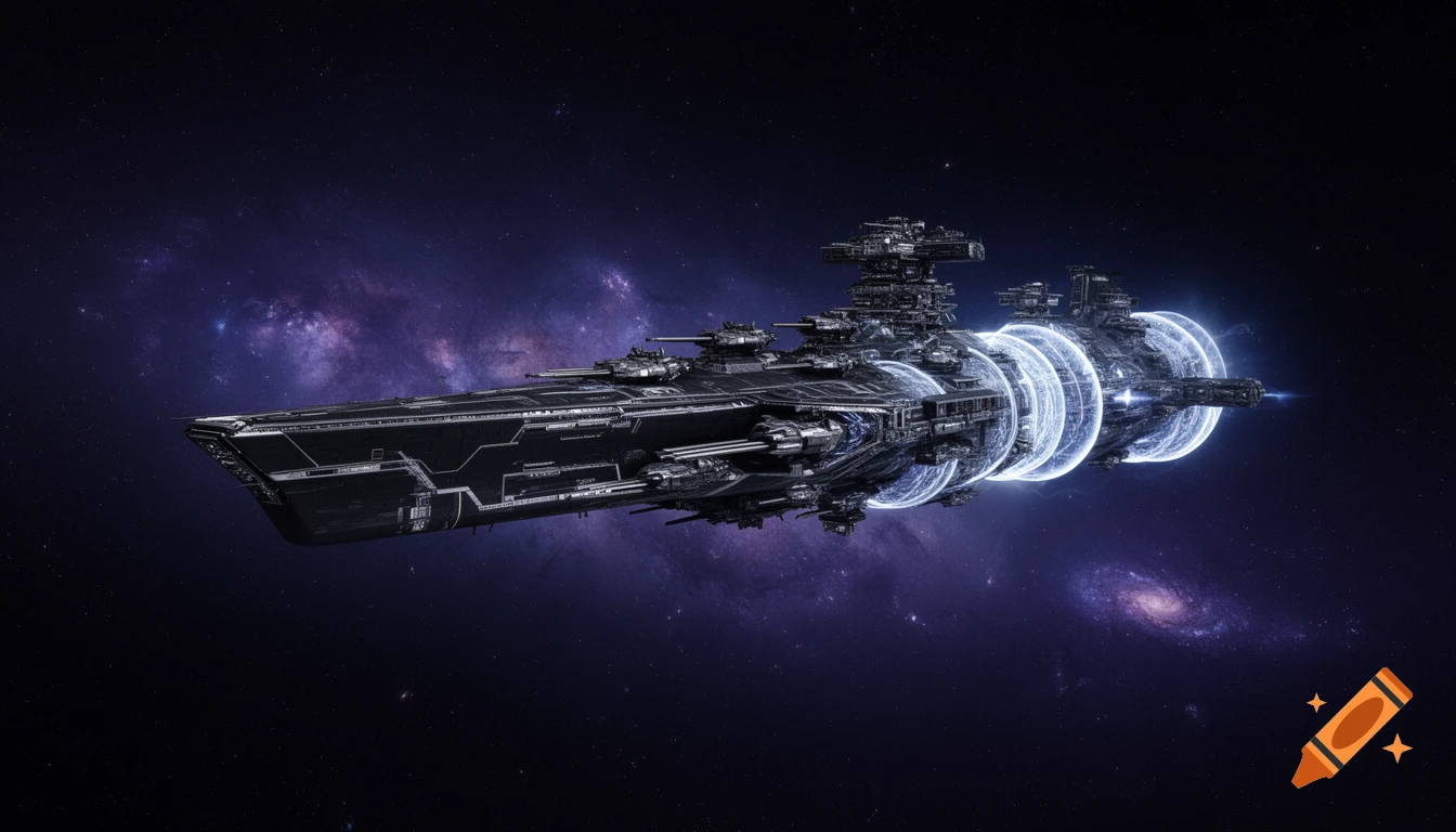 A detailed, dark grey battleship-like spaceship with glowing blue thrusters and rings flies through a galaxy with purple nebulae.