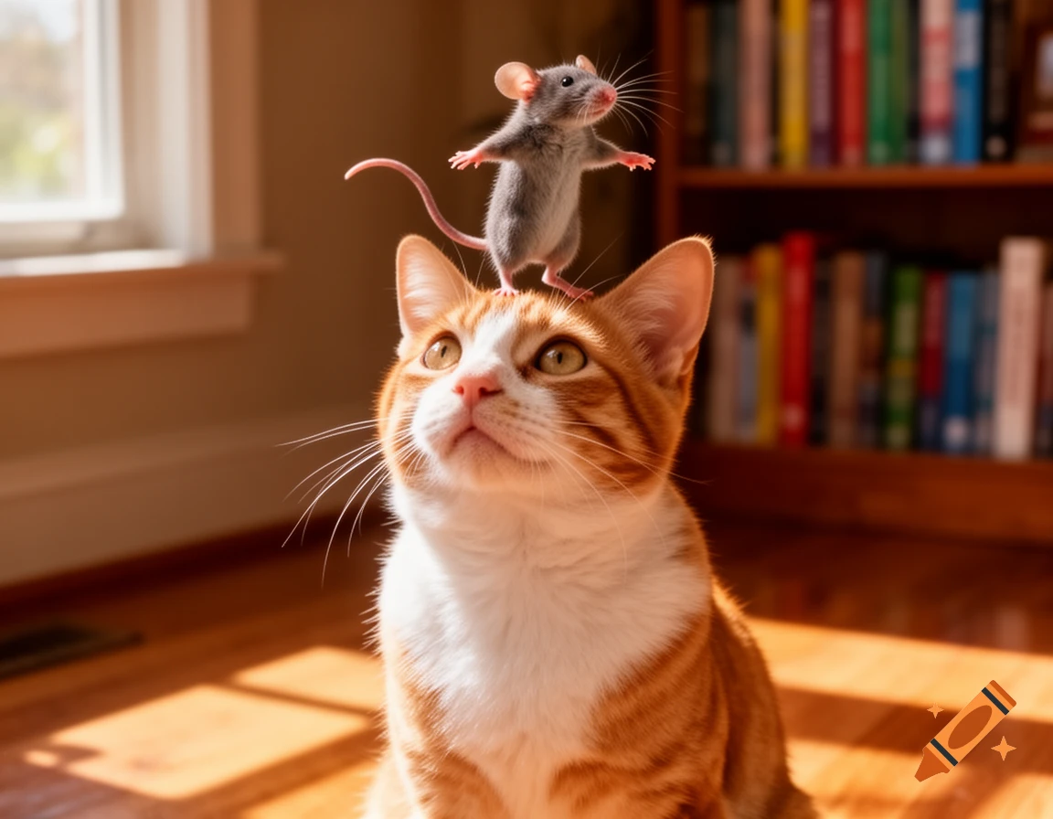 A photorealistic orange and white cat looks up as a small grey mouse balances on its head, indoors by a bookshelf.