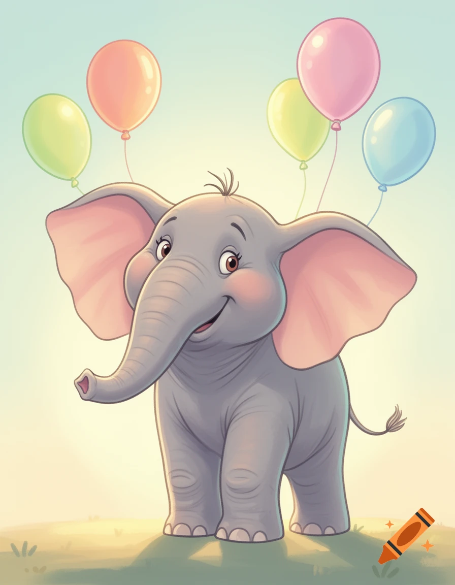 A cute cartoon baby elephant with big ears and a happy smile stands on a grassy hill, holding several colorful balloons.