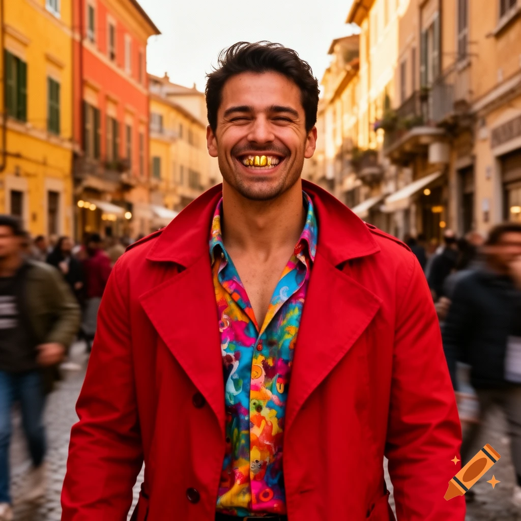 A smiling man with golden teeth, wearing a vibrant colorful shirt under a red trench coat, stands on a busy urban street.