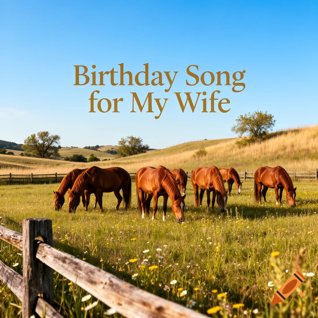 Text 'Birthday Song for My Wife' above brown horses grazing in a sunny, green field with a wooden fence and rolling hills.