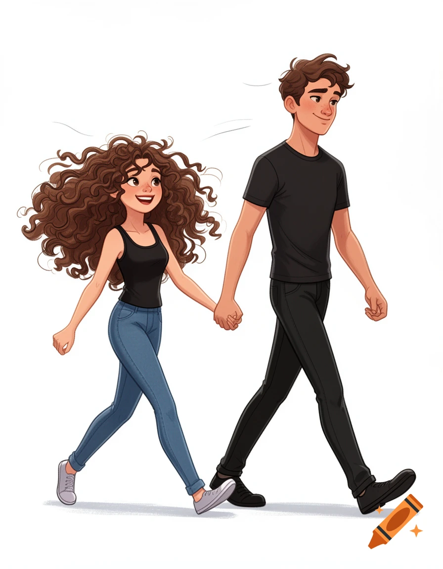 Cartoon illustration of a smiling young woman with curly brown hair and a young man, holding hands and walking.