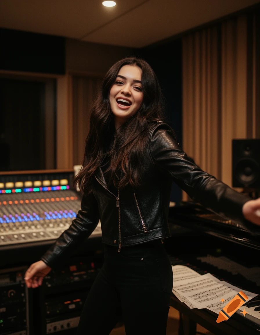 A smiling woman in a leather jacket posing in a photorealistic recording studio with a mixing console and piano.