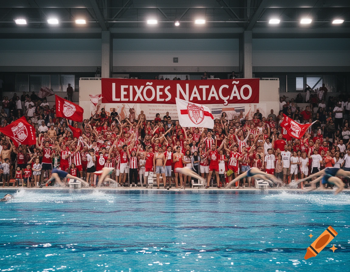 Swimmers dive into a pool at a competition, a large crowd cheers from the stands with a 'LEIXÕES NATAÇÃO' banner.