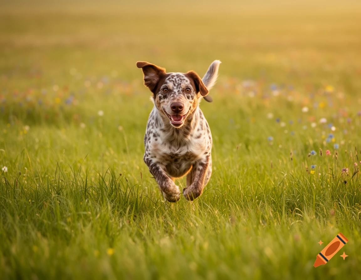 A happy, spotted dog with floppy ears runs through a sunlit green field with wildflowers.