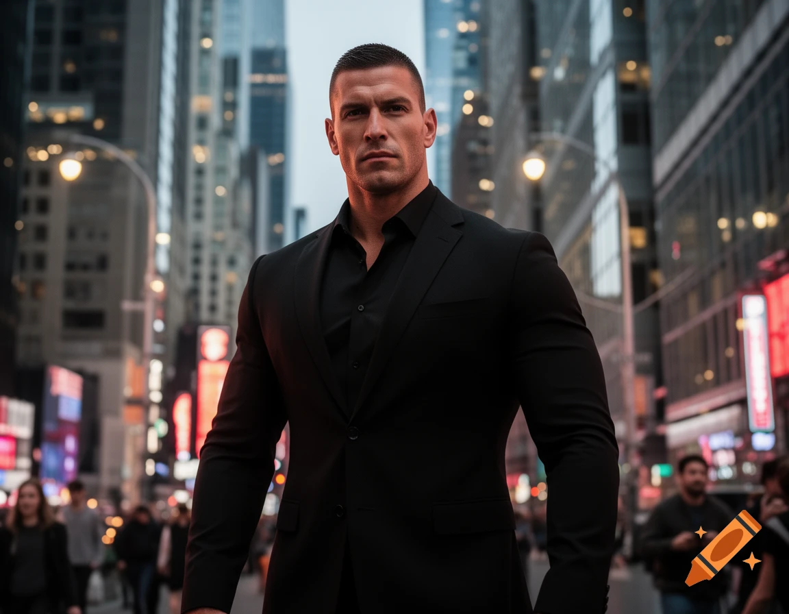 A serious man with a short haircut in a black suit stands on a city street with blurred buildings and illuminated signs.