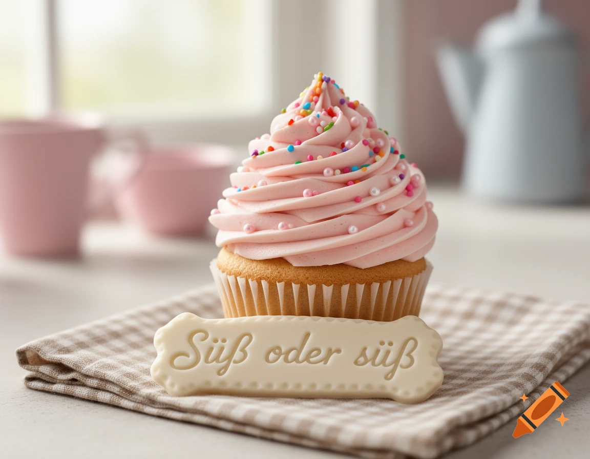 Photorealistic image of a cupcake with pink frosting and colorful sprinkles, on a checkered napkin with a cookie that says "Süß oder süß".