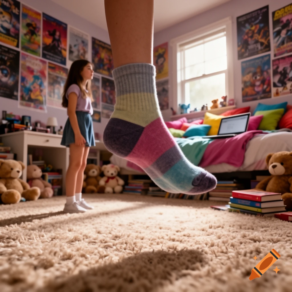 A low-angle shot from the floor shows a leg in a colorful striped sock above a carpet, with a girl in a bedroom in the background.