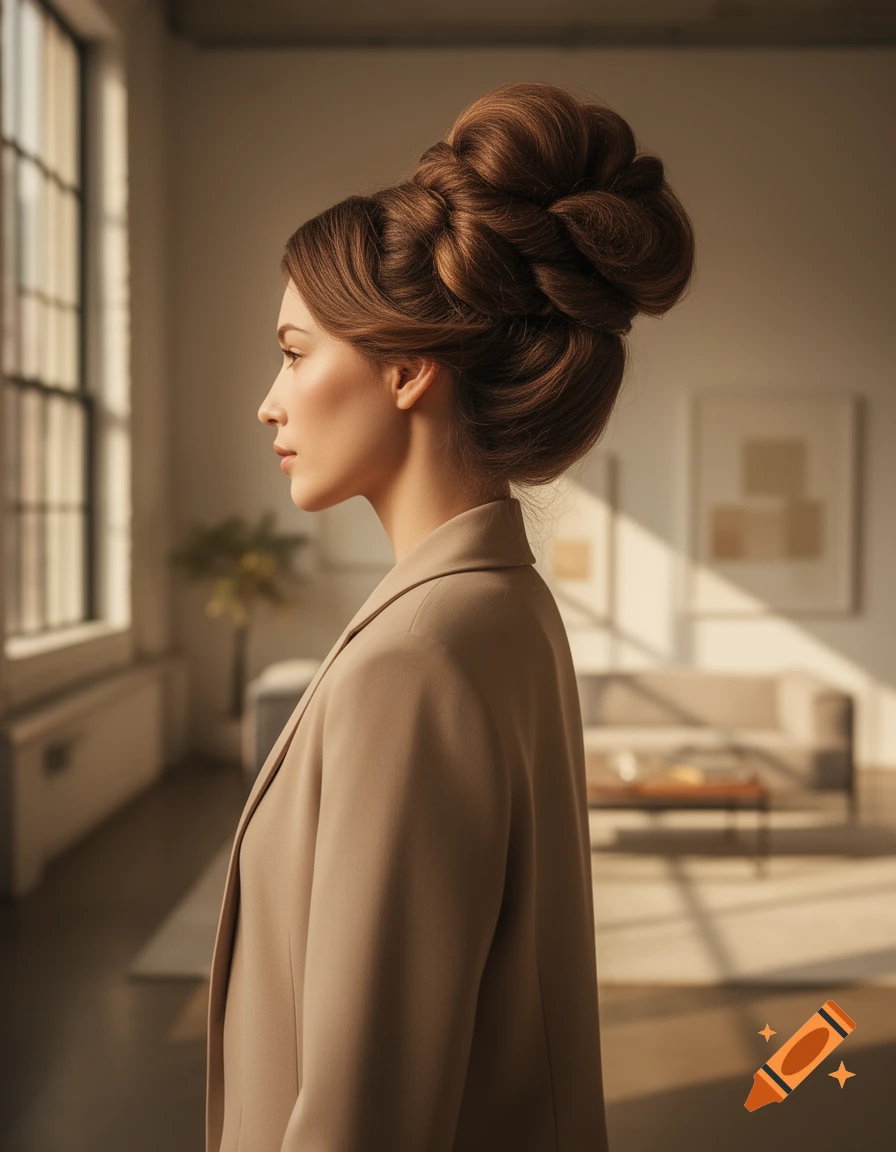 A woman with an elaborate twisted puff updo hairstyle, wearing a beige blazer, stands in profile in a sunlit room.