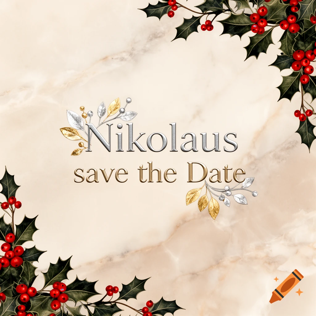 A festive Christmas save the date card with 'Nikolaus save the Date' text, framed by holly and berries on a marble background.