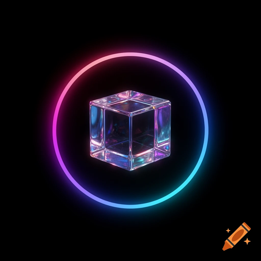 A clear glass cube inside a glowing pink, purple, blue, and cyan gradient circle on a black background.