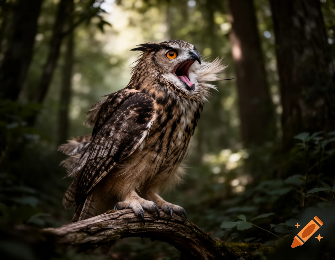 A photorealistic owl with orange eyes screams, mouth wide open, perched on a branch in a dark, lush forest.